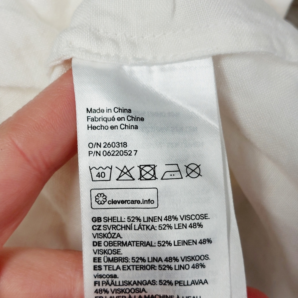 H&M White Linen-Blend Off-Shoulder Blouse Front Buttons Short Puff Sleeves P5763 - Picture 6 of 7